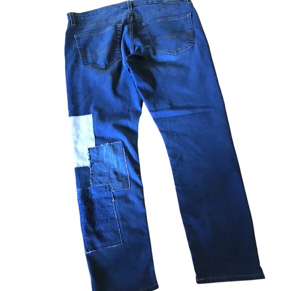Men’s Patchwork Jeans, Size 36-30: Upcycled Distressed Denim on Denim Patches - Picture 3 of 10